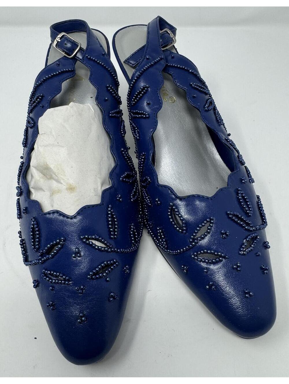 Annie Blue Satin Sling Back Sequin Dress Heels Shoes Size 9W